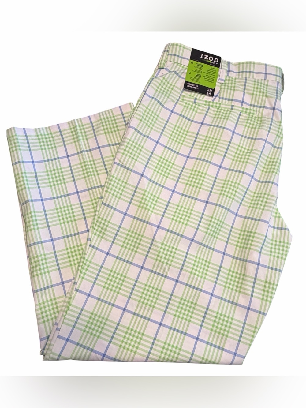 IZOD Golf Performance Mens Sz 38x30 Plaid Pants Flat Front Straight Leg NWT